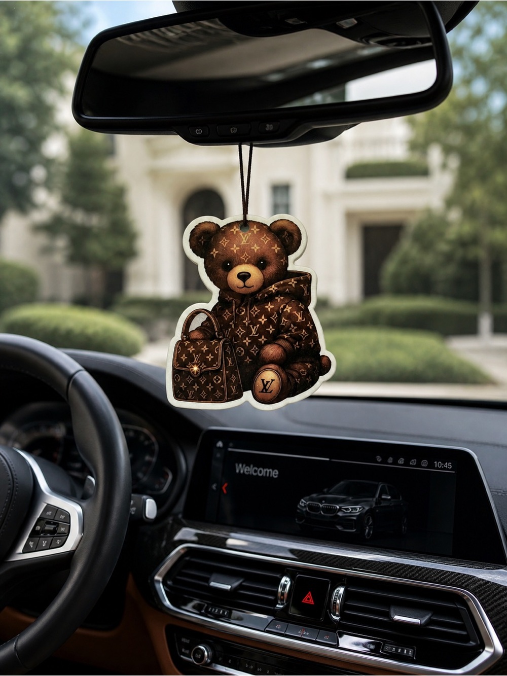 Designer Teddy Bear Car Air Freshener - Brown Monogram/ Chocolate smell